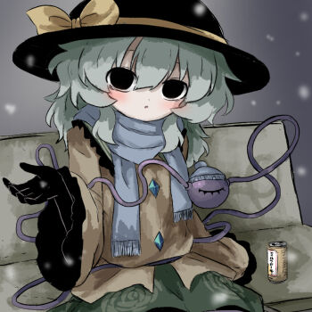 1girl beanie bench black_eyes black_gloves black_hat blouse buttons can diamond_button drink_can eyeball frilled_sleeves frills gloves green_hair green_skirt hat hat_ribbon heripantomorrow komeiji_koishi ribbon shirt sitting skirt snow snowing third_eye touhou yellow_ribbon yellow_shirt
