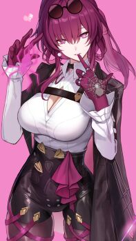 1girl black_jacket breasts chest_harness cleavage collared_shirt commentary eyewear_on_head gloves harness high-waist_shorts highres honkai:_star_rail honkai_(series) jacket jacket_on_shoulders kafka_(honkai:_star_rail) large_breasts long_hair long_sleeves looking_at_viewer pantyhose pantyhose_under_shorts purple_eyes purple_gloves purple_hair purple_pantyhose revision round_eyewear saint_laurent_paris shirt shorts solo spider_web_print sunglasses white_shirt