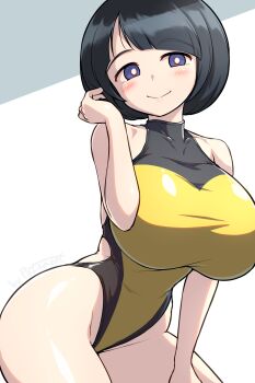 1girl artist_name black_hair bob_cut breasts commentary_request competition_swimsuit gundam gundam_gquuuuuux highres large_breasts looking_at_viewer mature_female one-piece_swimsuit pataneet purple_eyes shiiko_sugai short_hair smile solo swimsuit turtleneck turtleneck_one-piece_swimsuit two-tone_swimsuit yellow_one-piece_swimsuit