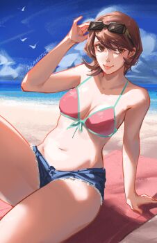 1girl arm_support bare_arms bare_shoulders beach beach_towel belly bikini bikini_top_only bird blue_shorts blue_sky blue_trim breasts brown_eyes brown_hair cleavage cloud cloudy_sky collarbone commentary denim denim_shorts english_commentary eyewear_on_head feet_out_of_frame flipped_hair frayed_shorts front-tie_bikini_top front-tie_top halterneck hand_up highres knee_up llamartist looking_at_viewer medium_breasts navel ocean official_alternate_costume outdoors persona persona_3 pink_bikini sand short_hair short_shorts shorts sitting sky solo stomach sunglasses swimsuit takeba_yukari thighs tongue tongue_out towel twitter_username white_bird