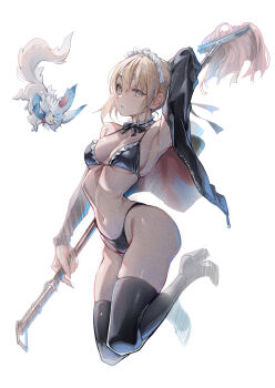 1girl artoria_pendragon_(fate) bikini black_bikini black_jacket black_thighhighs blonde_hair boots breasts cleavage fate/grand_order fate_(series) fou_(fate) full_body highleg highleg_bikini highres holding holding_mop jacket long_hair long_sleeves looking_at_viewer maid maid_headdress medium_breasts midair mop navel open_clothes open_jacket parted_lips saber_alter saber_alter_(swimsuit_rider)_(second_ascension) sidelocks simple_background suishougensou swimsuit thigh_boots thighhighs white_background yellow_eyes