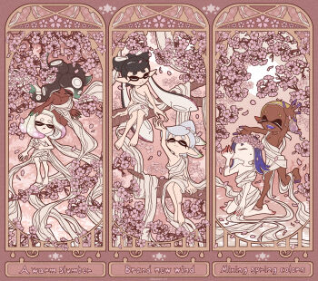 6+girls callie_(splatoon) cherry_blossoms closed_eyes dark-skinned_female dark_skin frye_(splatoon) head_wreath highres in_tree marie_(splatoon) marina_(splatoon) multiple_girls nintendo pearl_(splatoon) robe shiver_(splatoon) sitting sitting_in_tree sleeping sleeping_on_person splatoon_(series) tentacle_hair tree white_robe xxmarchxx