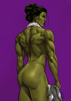 Rule 34 | 1girl, ass, ass focus, back, biceps, colored skin, commentary, dima ivanov, english commentary, facing away, green hair, green lips, green skin, hair between eyes, hair bun, highres, holding, holding shoes, holding unworn clothes, looking back, marvel, messy hair, muscular, muscular female, purple background, she-hulk, shoes, solo, towel, towel around neck, unworn shoes, upper body