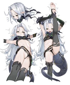 1girl absurdres belt_pouch black_panties black_sclera black_thighhighs colored_sclera green_eyes grey_hair highres loli long_hair loongm multiple_views no_shoes original panties partially_visible_vulva pouch simple_background split standing standing_on_one_leg standing_split stirrup_legwear tail thighhighs toeless_legwear underwear very_long_hair white_background