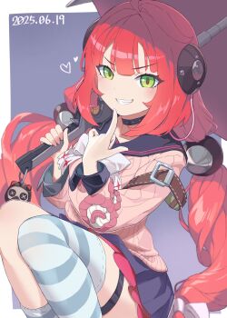 1girl arm_belt belt black_choker black_sailor_collar blunt_bangs blush border bow bowtie brown_belt charm_(object) choker commentary_request dated doyagao finger_to_own_chin green_eyes hair_ornament heart highres holding holding_umbrella index_finger_raised long_hair long_sleeves looking_at_viewer mochihuman pink_sweater pleated_skirt purple_background purple_skirt red_hair sailor_collar single_sock single_thighhigh skirt smile smug socks solo squatting striped_clothes striped_socks striped_thighhighs sweater thick_thighs thigh_strap thighhighs thighs twintails ukinami_yuzuha umbrella very_long_hair white_border white_bow white_bowtie zenless_zone_zero