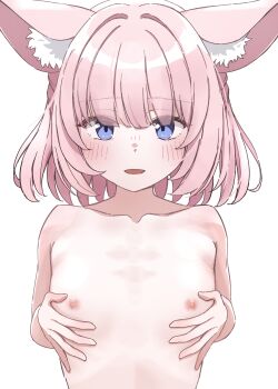 1girl absurdres animal_ear_fluff animal_ears bad_id bad_pixiv_id blue_archive blue_eyes blush flat_chest fox_ears highres looking_at_viewer medium_hair niko_(blue_archive) nipples open_mouth petitpetitppp pink_hair simple_background solo textless_version upper_body white_background
