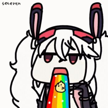1girl animated animated_gif azur_lane baby_animal bird chick laffey_(azur_lane) lowres manjuu_(azur_lane) open_mouth rainbow seseren vomit