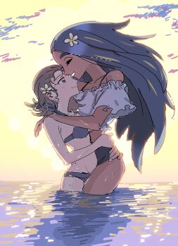 2girls alternate_costume arms_around_neck arms_around_waist artist_self-insert bikini black_hair blonde_hair brown_eyes brown_hair closed_eyes crop_top cropped_shirt dark-skinned_female dark_skin flower frilled_shirt frills geeta_(pokemon) grin hair_flower hair_ornament highres hug long_hair looking_at_another lvetica multicolored_hair multiple_girls nintendo ocean off-shoulder_shirt off_shoulder pokemon pokemon_sv shirt short_hair smile streaked_hair sun swimsuit two-tone_hair u_u wading water wet white_shirt yuri