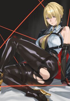 1girl absurdres arm_strap arm_support black_jacket black_pants blonde_hair breasts chest_harness closed_mouth commentary_request earrings elbow_gloves evelyn_chevalier gloves hair_up half_gloves harness high-waist_pants high_heels highres jacket jacket_on_shoulders jewelry large_breasts latex_pants necktie pants purple_eyes single_bare_shoulder single_elbow_glove single_half_glove sitting solo taiyang_yu tassel thigh_strap tight_clothes tight_pants torn_clothes torn_pants uneven_bangs yellow_necktie zenless_zone_zero