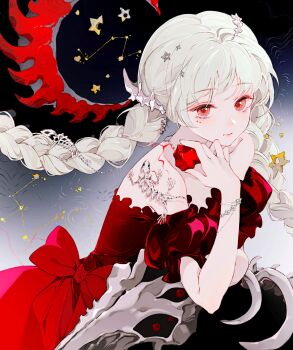 1girl animal_skeleton bare_shoulders blush bone bow bracelet braid choppy_bangs cirrika closed_mouth commentary dress eyelashes hair_ornament hand_up highres holding jewelry lips long_hair looking_at_viewer mole mole_under_eye original puffy_short_sleeves puffy_sleeves red_bow red_dress red_eyes revision short_sleeves skeleton smile square star_(sky) star_(symbol) symbol-only_commentary tattoo twin_braids white_hair zodiac