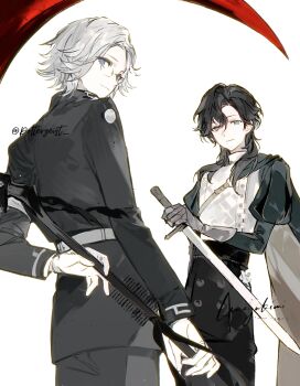 2boys aotsuki_eito artist_request belt black_hair black_jacket black_pants blue_eyes buttons cape chest_strap chinese_commentary collared_vest commentary_request commission cowboy_shot crossover from_behind gauntlets glasses green_cape green_shirt hair_over_shoulder heterochromia highres holding holding_sword holding_weapon identity_v jacket long_hair long_sleeves looking_at_viewer male_focus mole mole_under_mouth multiple_boys pants puff_and_slash_sleeves puffy_sleeves richard_sterling second-party_source shirt short_hair simple_background single_gauntlet smile standing sword the_hundred_line_-last_defense_academy- vest weapon white_background white_belt white_hair white_vest yellow_eyes