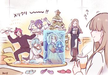 2boys 4girls aisuu_(voisona) blue_hair brown_hair chis-a commentary_request green_eyes kirune_(voisona) long_hair mi_no_take multicolored_hair multiple_boys multiple_girls myk-iv orange_hair pink_hair purple_hair tanaka_san tomo_(voisona) voisona