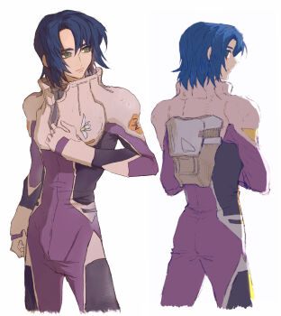 1boy absurdres athrun_zala blue_hair bodysuit commentary_request cropped_legs front_and_back green_eyes gundam gundam_seed highres male_focus mecha_pilot_suit multiple_views purple_bodysuit she_(morianosu) short_hair simple_background solo_focus white_background