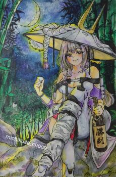 1girl armor artist_name bamboo bamboo_forest blush bodysuit bottle breasts closed_mouth clothing_cutout crossed_legs cup forest goddess_of_victory:_nikke grey_hair hat highres holding holding_bottle japanese_armor jingasa kote large_hat leotard long_hair medium_breasts michikusa_choco nature night sake_bottle scarlet_(nikke) shoulder_armor sitting smile sode solo white_bodysuit white_leotard yellow_eyes