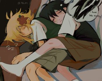 2boys antenna_hair artist_name arum_0m0 basil_(faraway)_(omori) basil_(omori) black_hair black_sweater_vest blonde_hair brown_shorts closed_eyes closed_mouth collared_shirt flower green_sweater_vest hair_flower hair_ornament hashtag-only_commentary highres lying male_focus multiple_boys omori on_side shirt short_hair short_sleeves shorts sidelocks sleeping socks something_(omori) spoilers sunny_(omori) sweater_vest white_shirt white_socks yaoi zzz