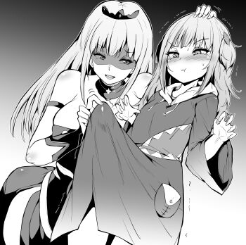 1futa 1girl absurdres age_difference bare_shoulders blush bottomless breasts bulge detached_collar erection erection_under_clothes futa_with_female futanari gawr_gura gawr_gura_(1st_costume) gradient_background greyscale hair_ornament hand_on_another&#039;s_head highres hololive hololive_english hood hoodie huge_penis jewelry large_breasts loli long_hair looking_to_the_side makin_tama medium_hair monochrome mori_calliope mori_calliope_(1st_costume) necklace onee-loli open_mouth penis penis_poke pout shaded_face size_difference small_breasts sweatdrop teasing tiara virtual_youtuber