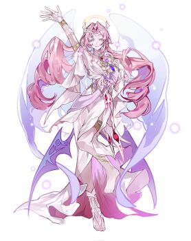 Rule 34 | 1girl, angel, angel wings, colored skin, cookie run, cookie run: kingdom, dress, eternal sugar cookie, halo, highres, humanization, instrument, long hair, looking at viewer, lyre, pink eyes, pink hair, pink skin, smile, solo, very long hair, white dress, wings, yaojingwangchudi
