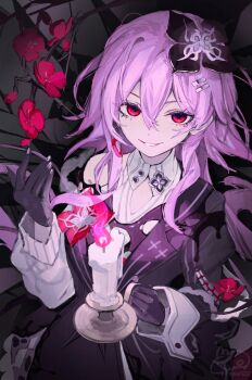 1girl adversarial_noise black_background black_flower black_gloves black_jacket candle candlestand commentary_request evernight_(honkai:_star_rail) evil_smile flower gloves hair_between_eyes highres holding_candlestand honkai:_star_rail honkai_(series) jacket long_hair looking_at_viewer march_7th_(honkai:_star_rail) pink_hair red_eyes shirt smile solo syuri22 upper_body vignetting white_shirt