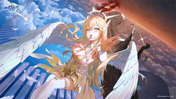 2girls above_clouds black_gloves black_wings blonde_hair blue_sky breasts bridal_gauntlets character_request cleavage cloud contrast copyright_logo copyright_notice detached_sleeves dress feathered_wings feathers gloves halo headset highres ikkia large_breasts layered_dress logo long_hair multiple_girls necktie open_mouth orange_eyes red_sky riichi_city sky sleeveless sleeveless_dress thighhighs two-tone_dress white_dress white_feathers white_hair white_sleeves white_thighhighs white_wings wings yellow_dress yellow_eyes yellow_gloves yellow_necktie zettai_ryouiki