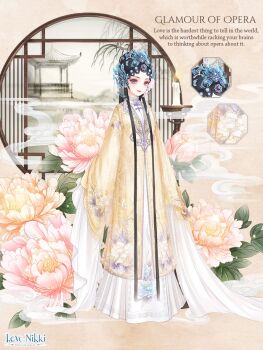 Rule 34 | 1girl, absurdly long hair, absurdly long sidelocks, artist request, black hair, blue crown, brown eyes, character name, chinese clothes, close-up, closed mouth, copyright logo, crown, dot nose, english text, eyelashes, eyeshadow, floral print, flower, full body, hair bun, hanfu, happy, lattice, layered sleeves, light blush, lipstick, logo, long hair, long sidelocks, long sleeves, makeup, miracle nikki, nikki (series), official art, orange background, orange flower, pavilion, peony (flower), peony pavilion (miracle nikki), pink eyeshadow, pink flower, print robe, red lips, robe, round window, sidelocks, single hair bun, sleeves past fingers, sleeves past wrists, smile, smoke, solo, standing, very long hair, very long sidelocks, white hanfu, wide sleeves, window, yellow robe