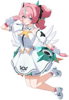 Rule 34 | 1girl, 4kebidayo, aqua hair, aqua streaks, aria (zenless zone zero), blue eyes, blush, center frills, closed mouth, collarbone, commentary request, crossed bangs, detached collar, detached sleeves, dress, fingerless gloves, frilled sleeves, frills, full body, gloves, hair between eyes, hand up, highres, layered dress, looking at viewer, multicolored hair, pink gloves, pink hair, shoes, simple background, solo, streaked hair, v, v over eye, white background, white dress, white shoes, white wings, wings, zenless zone zero