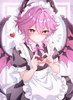 1boy apron black_dress bow bowtie crossdressing crossdressing_(mtf) dragon_horns dragon_wings dress frilled_apron frills genshin_impact hair_between_eyes heart heart_hands highres horns kuro774_n long_hair maid maid_apron maid_headdress male_focus male_maid mini_durin_(genshin_impact) mini_durin_(human)_(genshin_impact) pink_bow pink_bowtie pink_hair red_eyes simple_background solo white_apron wings