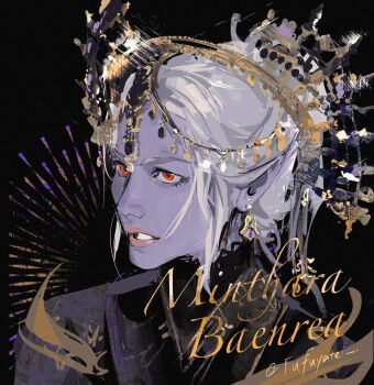 Rule 34 | 1girl, artist name, baldur's gate, baldur's gate 3, character name, colored skin, crown, dark elf, earrings, elf, fuyatei, hair bun, hair ornament, highres, jewelry, minthara, pointy ears, purple skin, red eyes, short hair, simple background, single hair bun, solo, white hair