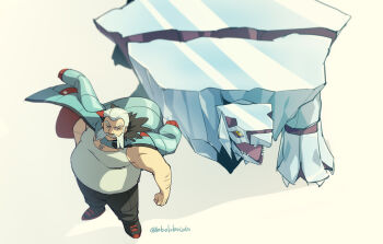 Rule 34 | 1boy, :o, arm hair, artist name, avalugg, beard, black pants, black shoes, clenched teeth, colored sclera, facial hair, fat, fat man, gen 6 pokemon, jacket, jacket on shoulders, male focus, momoji (lobolobo2010), muscular, muscular male, nintendo, open mouth, pants, pokemon, pokemon xy, shirt, shoes, standing, teeth, white background, white hair, white shirt, wulfric (pokemon), yellow sclera