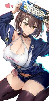1girl absurdres alternate_costume arms_up azur_lane baltimore_(azur_lane) black_choker blush bracelet braid breasts bremerton_(azur_lane) brown_hair charm_(object) choker cleavage commentary_request cutoffs hair_behind_ear heart highres holding_computer_keyboard hood hoodie jewelry kaki_z3 computer_keyboard large_breasts looking_at_viewer necklace official_alternate_costume short_hair short_shorts shorts side_braid sitting skindentation smile solo sports_bra thighhighs unzipped wariza white_background white_sports_bra yellow_eyes