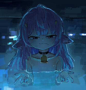 1girl animal_ears bare_shoulders blush chainsaw_man collarbone cow_ears flat_chest horns i'll_teach_you_everything_(chainsaw_man) loli long_hair looking_at_viewer mole muu_muyu neck_bell nude ok1teru partially_submerged phase_connect purple_hair reaching reaching_towards_viewer scene_reference solo topless_female very_long_hair virtual_youtuber water wet