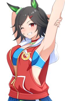 1girl absurdres arm_up armpits bandeau black_hair blue_bandeau breasts clenched_teeth ear_covers grin highres horse_girl jacket medium_breasts one_eye_closed red_eyes red_jacket short_hair simple_background smile solo teeth umamusume white_background winning_ticket_(get_to_winning!)_(umamusume) winning_ticket_(umamusume) y_k_(user_maxh5525) zipper