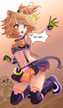 Rule 34 | 1girl, animal ear fluff, animal ears, black gloves, black shoes, black skirt, bow, breasts, eimi isami, english text, fluffycataaa, gloves, green gloves, hamster, hamster ears, hamster girl, highres, kneeling, open mouth, orange bow, orange skirt, phase connect, pink eyes, shoes, skirt, small breasts, speech bubble, stomach, suspenders, teeth, two-sided gloves, two-tone skirt, upper teeth only, virtual youtuber