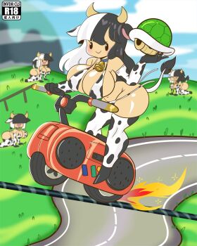 4girls :&gt; all_fours animal_ears animal_print bell bikini black_hair blurry blurry_background blush breasts choker collar content_rating cow_ears cow_girl cow_horns cow_print cow_print_bikini cow_print_gloves cow_print_thighhighs cow_tail cowbell dot_eyes elbow_gloves female_focus fire full_body gloves grass groin highres holding horns invdrcls large_breasts mario_(series) mario_kart mario_kart_world moo_moo_(mario) motor_vehicle motorcycle multicolored_hair multiple_girls narrow_waist navel nintendo personification print_bikini print_gloves print_thighhighs shell shiny_skin skindentation smile solid_oval_eyes solo_focus sparkle split-color_hair swimsuit tail thick_thighs thighhighs thighs two-tone_gloves two-tone_hair two-tone_thighhighs white_hair wide_hips