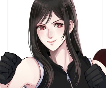 1girl bare_shoulders black_gloves black_hair black_vest blush clenched_hands closed_mouth commentary_request earrings fighting_stance final_fantasy final_fantasy_vii final_fantasy_vii:_advent_children gloves hair_behind_ear highres jewelry lipgloss lips long_hair looking_at_viewer nidou_(rechlo) red_eyes simple_background smile solo swept_bangs teardrop_earrings tifa_lockhart upper_body vest white_background zipper