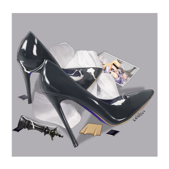 1girl armor artist_name bar_censor black_footwear blonde_hair boots breasts censored censored_identity cleavage crown cum dress gloves grey_background high_heel_boots high_heels highres holding holding_photo large_breasts long_hair pantyhose photo_(object) shoes simple_background solo stiletto_heels tiara white_dress xnnagu