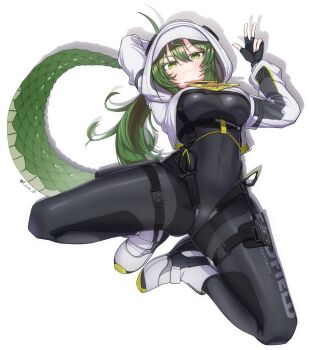 1girl absurdres ankle_boots arknights arknights:_endfield arm_behind_head black_bodysuit black_gloves bodysuit boots closed_mouth clothes_writing commentary covered_navel drop_shadow english_commentary fluorite_(arknights) full_body gloves green_eyes green_hair green_tail hair_between_eyes hair_ornament hairclip highres hood hood_up jonasmk light_smile long_hair long_sleeves looking_at_viewer simple_background solo strap tail w white_background white_boots