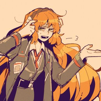 Rule 34 | 1girl, black coat, black vest, bow, brown hairband, coat, collared shirt, freckles, green eyes, hairband, highres, ishmael (project moon), limbus company, long hair, long sleeves, looking at viewer, necktie, open mouth, orange hair, project moon, red necktie, shirt, sidelocks, solo, surumenabe, very long hair, vest, white bow, white shirt, wing collar