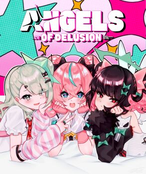 3girls absurdres angels_of_delusion aqua_streaks aria_(zenless_zone_zero) arm_warmers black_bow black_hair blue_hair bow colored_inner_hair commentary english_commentary fingerless_gloves gloves green_bow green_eyes green_hair green_halo hair_between_eyes hair_bow halo halo_behind_head highres long_hair looking_at_viewer lying multicolored_hair multiple_girls multiple_hair_clips nangong_yu on_stomach pink_arm_warmers pink_hair red_eyes reru smile sparkling_eyes streaked_hair striped_arm_warmers sunna_(zenless_zone_zero) upper_body zenless_zone_zero