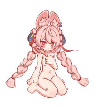 1girl ahoge animal_ear_fluff animal_ear_piercing animal_ears braid commentary completely_nude furry furry_female gba_jasjas hair_ornament hand_on_own_chest highres loli long_hair looking_at_viewer navel nude pink_fur pink_hair rabbit_ears rabbit_girl red_eyes simple_background sitting solo sphere_hair_ornament symbol-only_commentary twin_braids white_background zenless_zone_zero zhao_(zenless_zone_zero)