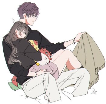 1boy 1girl arm_around_waist black_shirt black_socks bracelet closed_eyes closed_mouth collared_shirt commentary_request couple cropped_legs feet_out_of_frame grey_hair hair_between_eyes hetero highres holding holding_stuffed_toy jewelry long_hair love_and_deepspace mmmuimuimui pants pink_skirt protagonist_(love_and_deepspace) purple_hair rafayel_(love_and_deepspace) shirt short_hair signature sitting sitting_on_lap sitting_on_person skirt socks stuffed_animal stuffed_bird stuffed_toy white_background white_pants