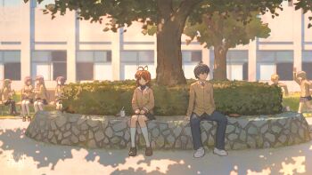 Rule 34 | 2boys, 6+girls, absurdres, blonde hair, brown hair, clannad, cobblestone, fujibayashi kyou, fujibayashi ryou, furukawa nagisa, highres, hua ming wink, ibuki fuuko, ichinose kotomi, kneehighs, loafers, multiple boys, multiple girls, okazaki tomoya, outdoors, pants, pleated skirt, purple hair, running, sakagami tomoyo, scenery, school, school uniform, shoes, sitting, skirt, socks, sunohara youhei, tree, window