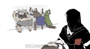 Rule 34 | 1girl, 4boys, against wall, animal head, armor, ass, beard, bent over, black bodice, black gloves, blue surcoat, boots, cellphone, dragon skull, elbow gloves, elden ring, elden ring nightreign, facial hair, from behind, full body, gloves, green hood, grey hair, hat over eyes, helmet, highres, ironeye (elden ring), jewelry, looking at another, monocle, multiple boys, necklace, phone, quiver, raider (elden ring), scale armor, scholar (elden ring), signature, smartphone, sunnbnn, twitter username, undertaker (elden ring), white coif, winged helmet, wylder (elden ring), x x