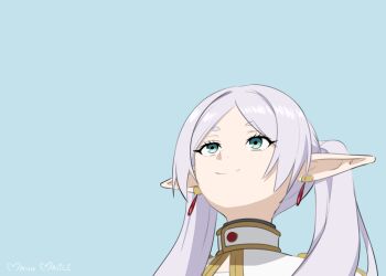 1girl blue_eyes elf frieren grey_hair highres looking_up maho_malice meme pointy_ears simple_background solo sousou_no_frieren twintails upper_body upward_angle_frieren_drawing_(meme)