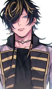 1boy aimono_jyushi black_hair blonde_streaks blue_eyes chain_choker ear_piercing earrings expressionless grey_jacket hair_over_one_eye head_tilt high_collar highres hypnosis_mic jacket jewelry lapels male_focus multicolored_hair nishino_(fetv8484) piercing solo two-tone_hair upper_body white_background yellow_trim