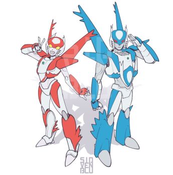 1boy 1girl gen_3_pokemon helmet humanoid_robot latias latios legendary_pokemon mecha mechanical_wings mechanization nintendo pokemon red_eyes robot robot_girl sidvenblu transformers v white_background wings yellow_eyes