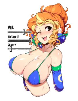 1girl absurdres attribute_slider bikini black_eyes blonde_hair blue_bikini breast_slider breasts cleavage curly_hair detached_sleeves earrings globe hair_bun highres huge_breasts jewelry micro_bikini moon ms._frizzle multicolored_hair one_eye_closed open_mouth puffy_nipples red_hair simple_background skindentation slugbox smile speech_bubble strap_gap sweat swimsuit teeth the_magic_school_bus two-tone_hair upper_body upper_teeth_only white_background