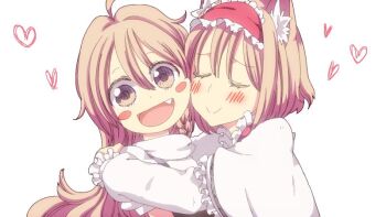 2girls :d alice_margatroid animal_ears animated animated_png bad_id bad_pixiv_id blonde_hair blush blush_stickers brown_eyes capelet cat_ears cat_girl closed_eyes cream_(nipakupa) fang female_focus hairband heart hug kemonomimi_mode kirisame_marisa long_hair multiple_girls open_mouth short_hair simple_background smile touhou upper_body white_background