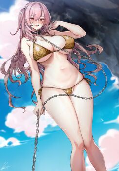 1girl animal_print bikini blush breasts chain chain_leash collar commentary_request cowboy_shot gold_bikini gyaru highres large_breasts leash leopard_print leopard_print_bikini original outdoors parted_lips pink_hair print_bikini rib:y(uhki) smile solo standing swimsuit tall_female tall_male thigh_focus thighs