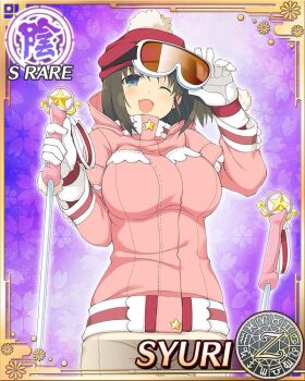 1girl :d antenna_hair beanie blue_eyes bob_cut border breasts brown_hair card_(medium) character_name coat game_cg gloves goggles hat holding_ski_pole large_breasts looking_at_viewer medium_hair official_art one_eye_closed open_mouth pants pink_coat pom_pom_(clothes) pom_pom_beanie senran_kagura senran_kagura_new_wave ski_goggles ski_pole skiing smile solo syuri_(senran_kagura) white_gloves white_pants winter_clothes winter_gloves