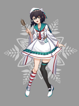 1girl :d alternate_costume anchor anchor_symbol asymmetrical_legwear black_hair black_thighhighs blue_eyes blue_sailor_collar blush cloud commentary dress floral_background frilled_dress frills full_body furahata_gen grey_background hair_between_eyes hat highres holding kneehighs lolita_fashion long_sleeves looking_at_viewer mary_janes mismatched_legwear murasa_minamitsu necktie open_mouth parted_lips red_necktie sailor_collar shoes short_hair single_kneehigh single_sock single_thighhigh smile socks solo standing striped_clothes striped_socks teeth thighhighs touhou triangular_headpiece uneven_legwear upper_teeth_only white_dress white_hat white_shoes wide_sleeves